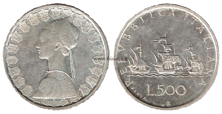 Italia 500 lire_argento 1957 caravelle bandiera rovesciata