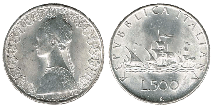 Italia 500 lire in argento tipo caravelle