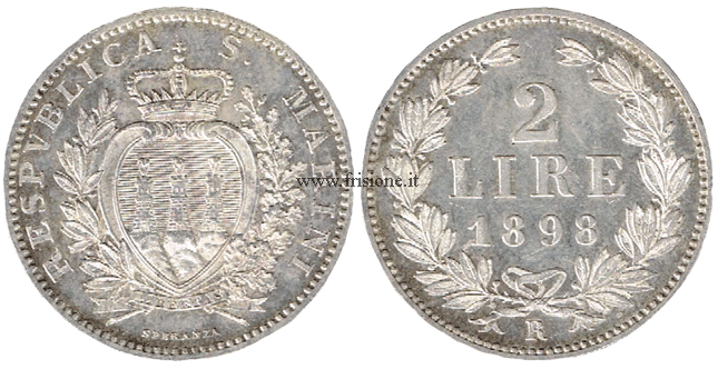San Marino 2 lire argento 1898