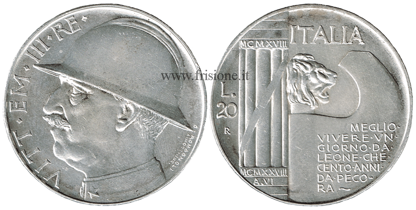20 lire argento 1928 - elmetto - vittorio emanuele III