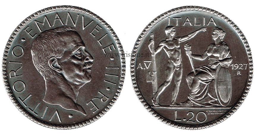 V. Emanuele III 20 lire argento 1927 V - littore