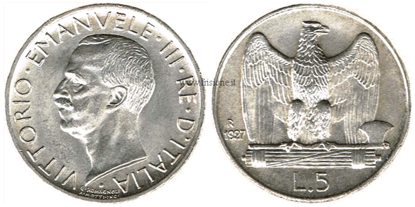 Vittorio Emanuele III 5 lire argento 1927 aquilotto
