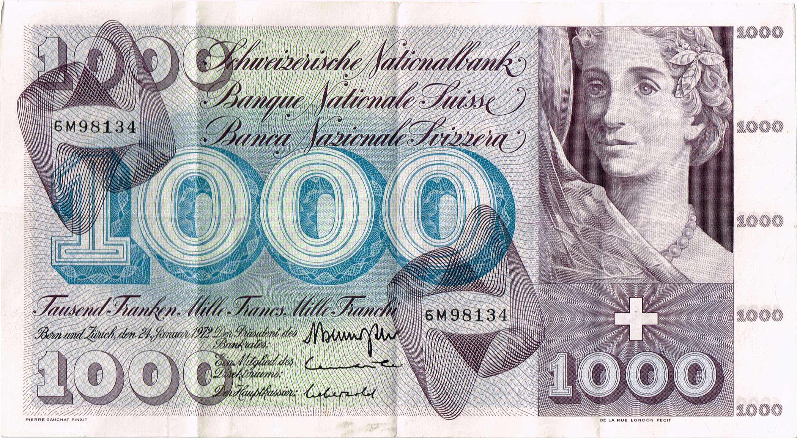 Svizzera - biglietto da 1000 Franchi 1954-74