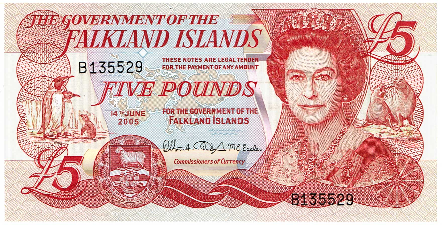 Falkland 5 pounds 2005 diritto