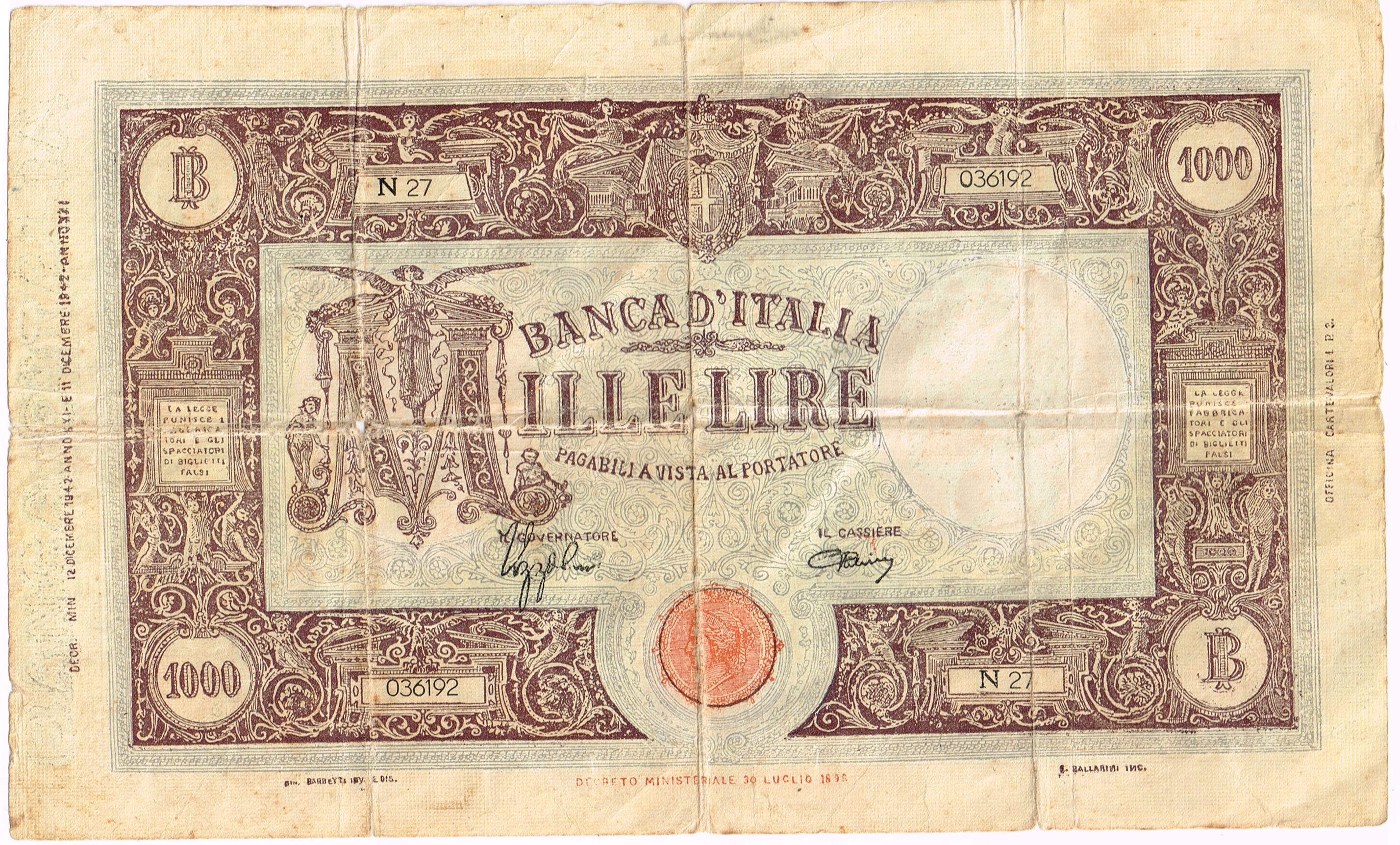 1000 lire 12 dicembre 1942 falso