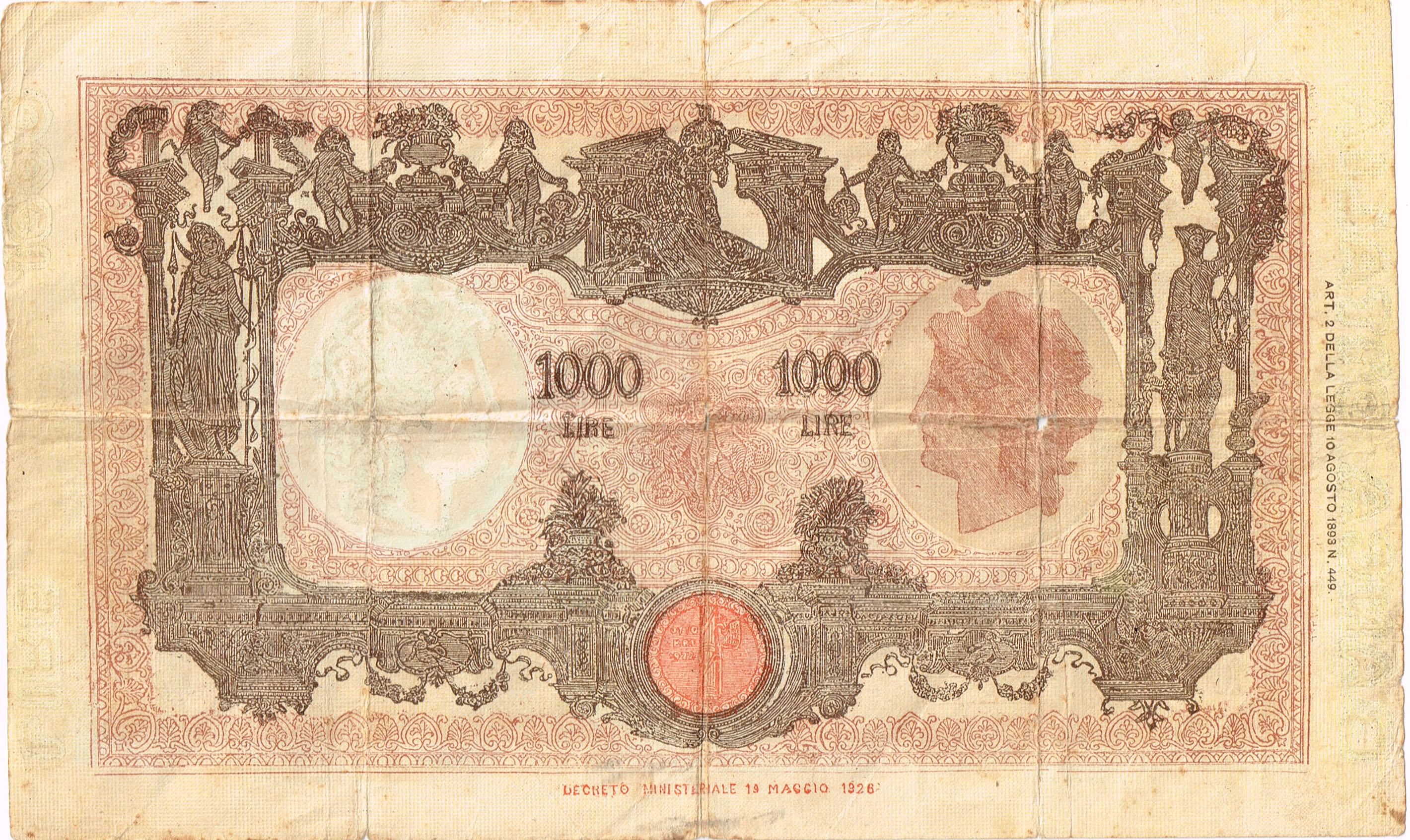 1000 lire 12 dicembre 1942 falso - rovescio