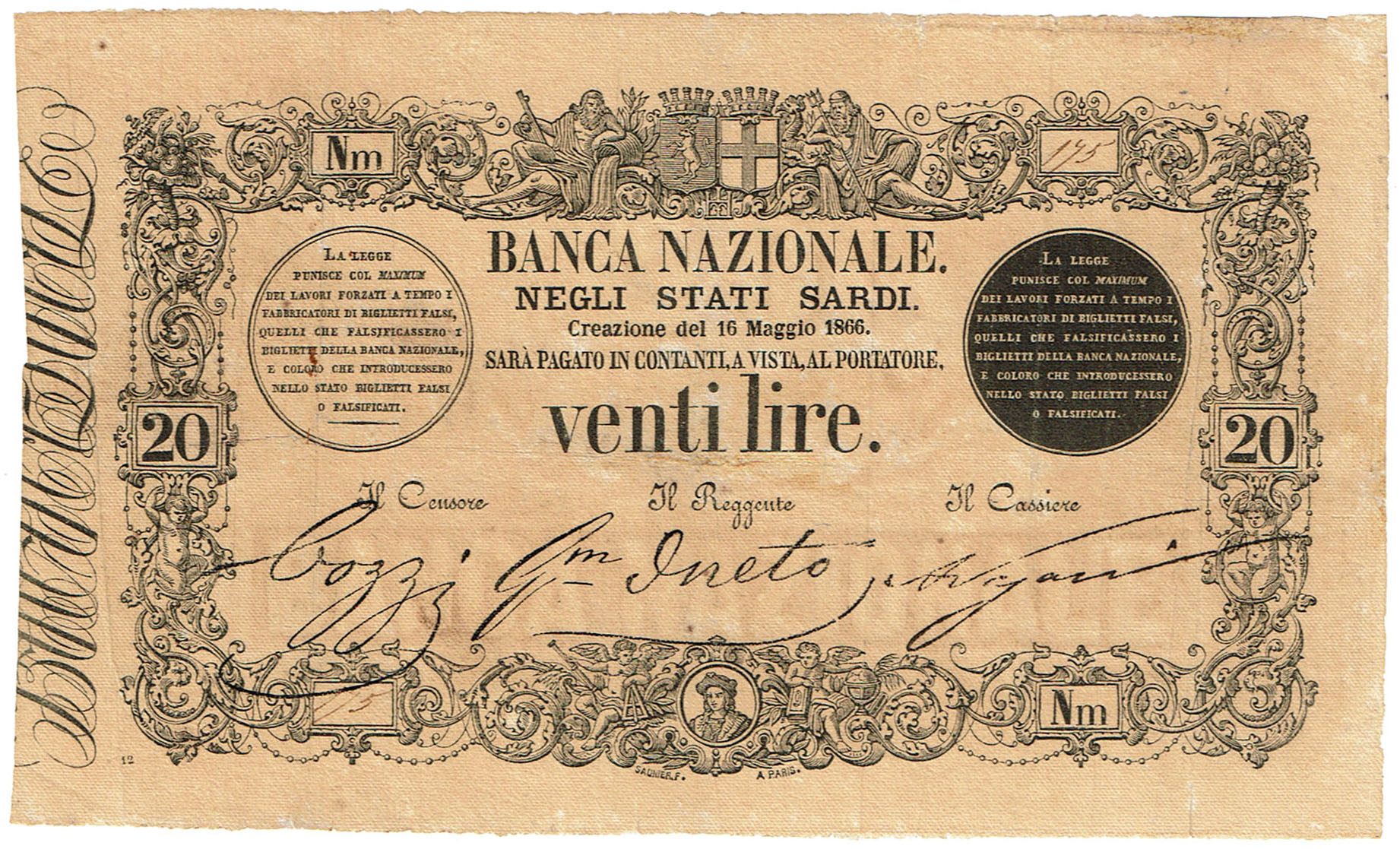 Banca Nazionale negli Stati Sardi  20 Lire 16-5-1866