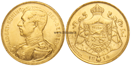 Belgio 20 Franchi 1914  Marengo oro di Alberto I