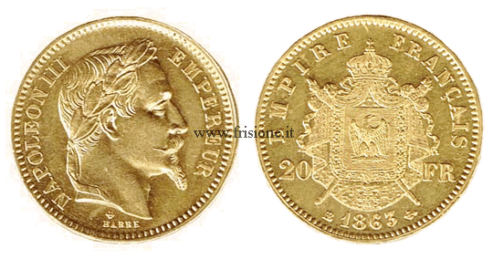 Francia - Napoleone III - 20 Franchi Marengo oro 1863 laureato