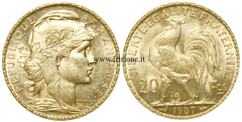Francia  20 Franchi 1907 marengo oro francese con galletto