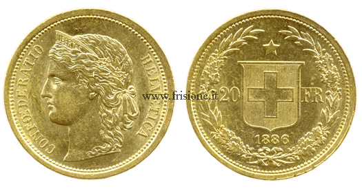 Svizzera 20 Franchi oro 1886  marengo svizzero 1 tipo