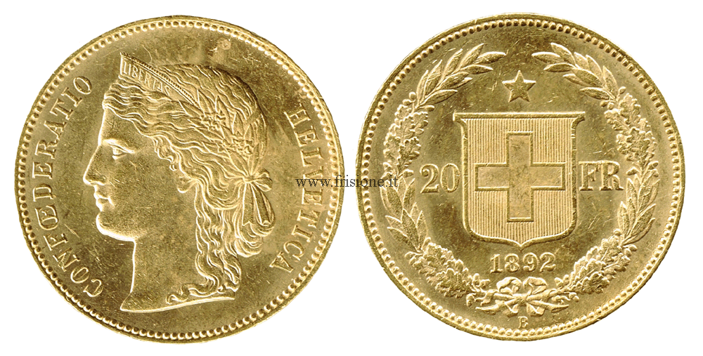 Svizzera 20 Franchi oro 1892 marengo svizzero