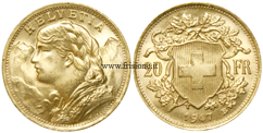 Svizzera 20 Franchi oro 1947 marengo svizzero