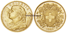 Svizzera 20 Franchi oro 1930 marengo svizzero