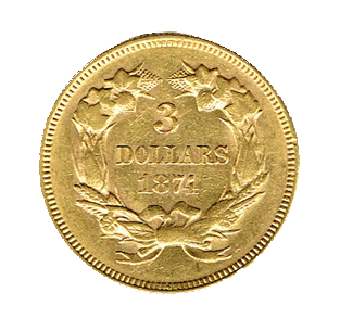 Stati Uniti_U.S.A. - 3 Dollari 1874_3 dollari $ oro diritto corona di leureo