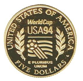 Stati Uniti_USA - 5 dollari oro 1994 - coppa del mondo rovescio stemma usa 1994