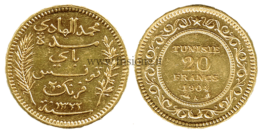 Tunisia 20 Franchi 1904 - marengo oro 
