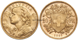 Svizzera 20 franchi oro 1926 marengo svizzero