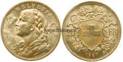 Svizzera 20 franchi 1927 marengo oro