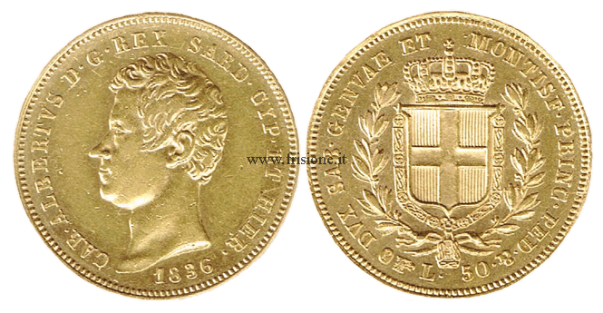 50 lire oro 1836 torino carlo alberto