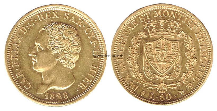 80 lire oro 1828 torino carlo felice