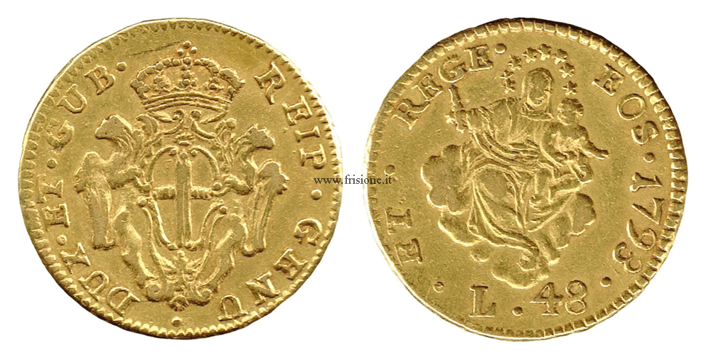 Genova - 48 Lire oro 1793 stemma barocco
