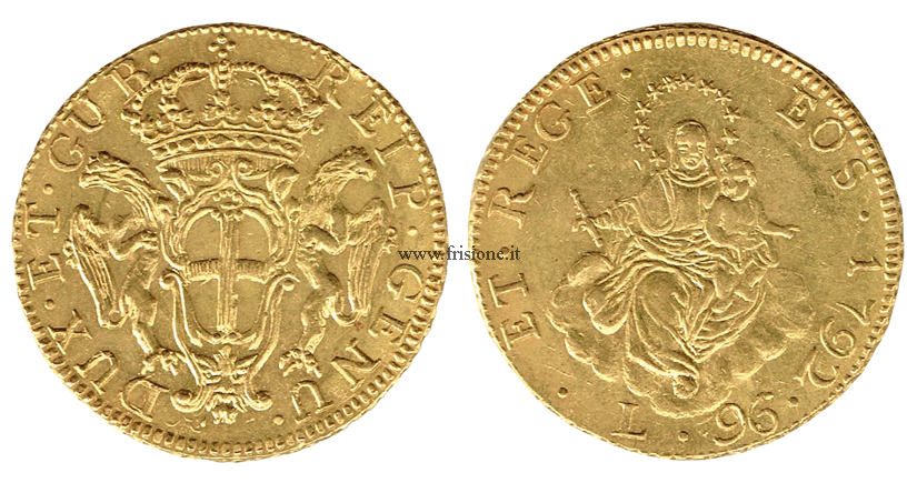 Genova 96 lire oro 1792 stemma antico