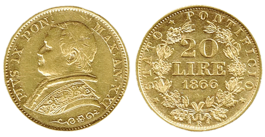 20 lire oro 1866 XXI - Pio IX marengo oro