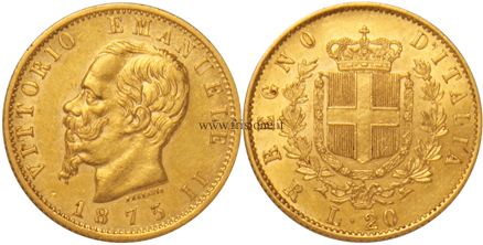 20 Lire 1875 Roma marengo oro italiano