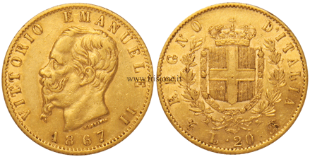 20 Lire 1867 Torino, marengo oro italiano