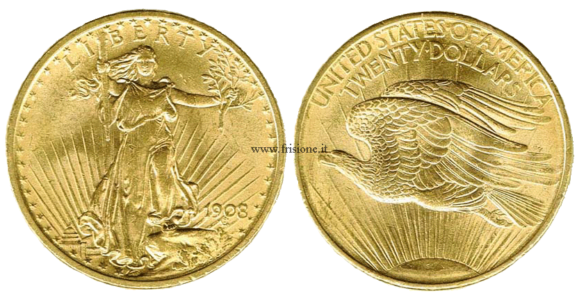 stati uniti 20 dollari oro 1908 tipo statua