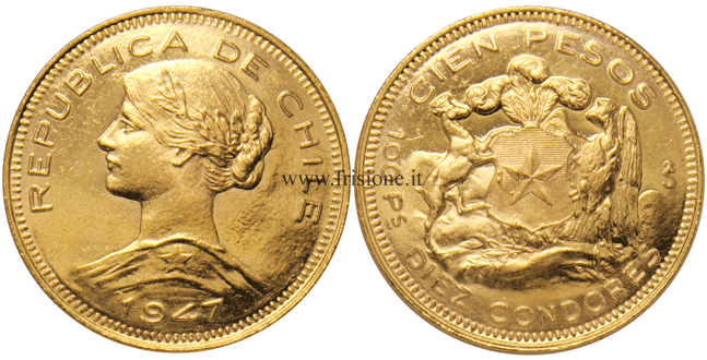 100 Pesos oro 1947 - Cileno