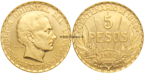 Uruguay 5 pesos oro 1930