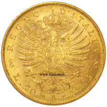 20 lire 1905 ingrandimento del marengo oro al rovescio