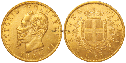 20 Lire 1868 Torino, marengo italiano